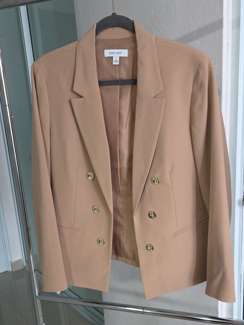 Nine West Tan Double-Breasted Blazer with Gold Buttons